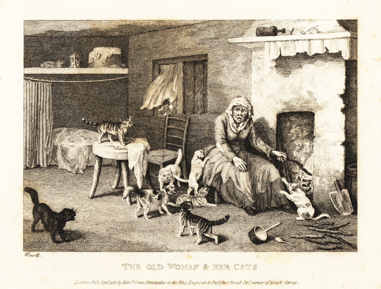 Gammel hage sad ved ildstedet i en kro omgivet af katte. 1811 (ætsning) af Samuel Howitt