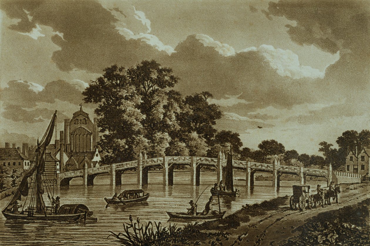 Hampton Court Bridge, illustration fra "Picturesque Views of the River Thames", pub. 1799 (ætsning, akvatint) af Samuel Ireland
