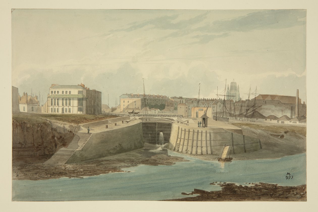 Indgang til Bathurst Basin fra New Cut, ca. 1825 (pen & blæk med akvarel på papir) af Samuel Jackson