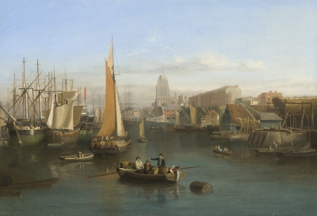 St Mary Redcliffe og Redcliffe Parade fra Prince Street Bridge, ca. 1826 (olie på lærred) af Samuel Jackson
