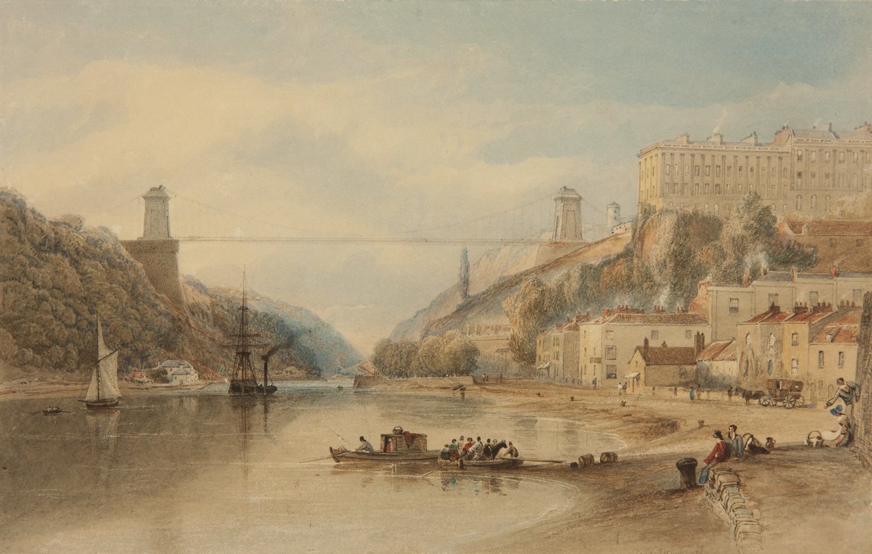 Den foreslåede hængebro fra Rownham Ferry, ca. 1836 af Samuel Jackson