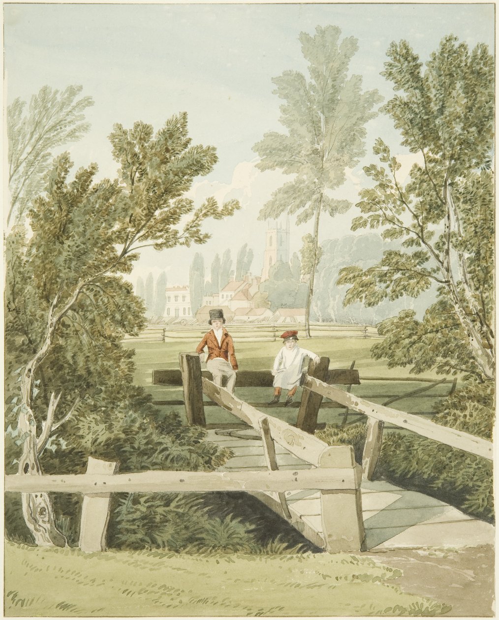 Two Boys on a Stole at Brislington Brook, ca. 1824 (blyant og akvarel på papir) af Samuel Jackson