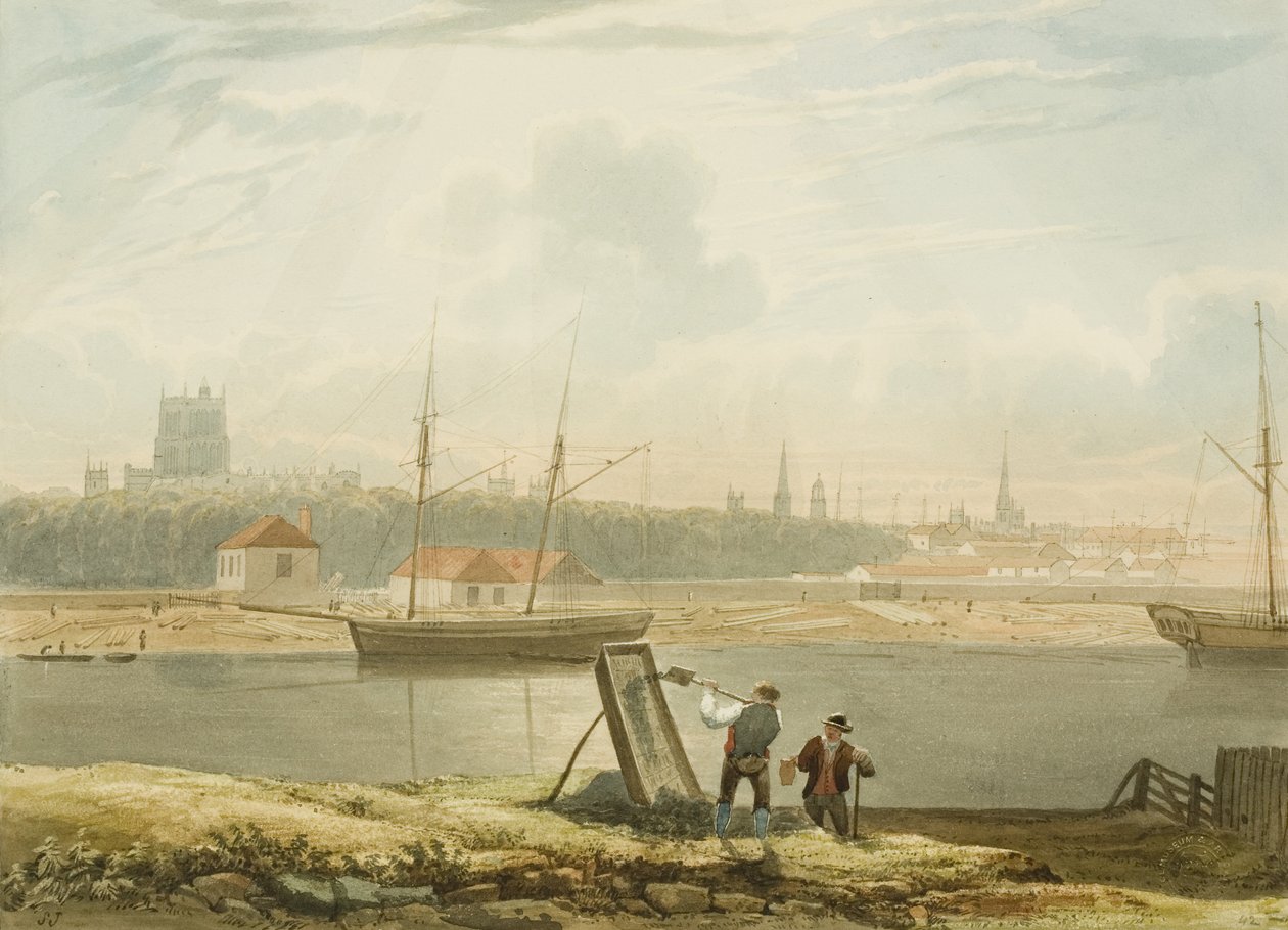 Udsigt over den flydende havn med katedralen og bykirkerne, ca. 1825 af Samuel Jackson