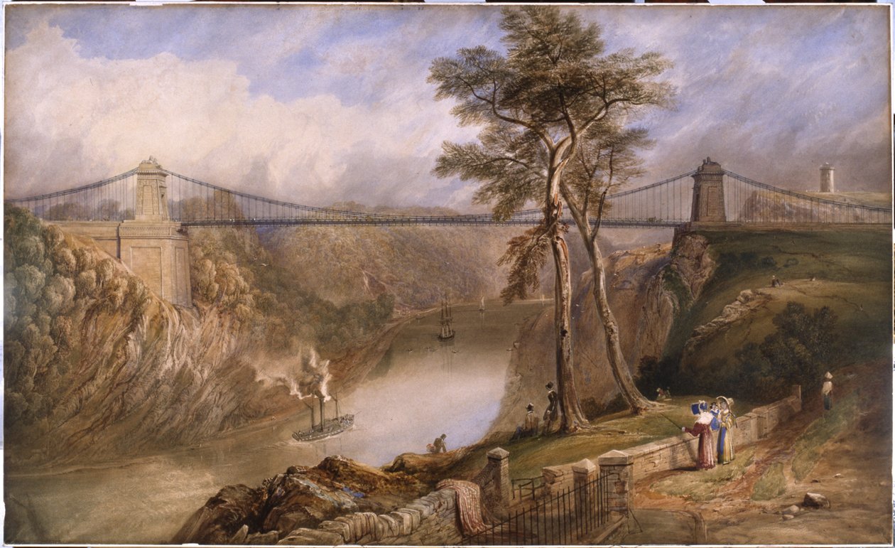 Udsigt over Avon Gorge med det godkendte design til Clifton Suspension Bridge (akvarel på papir) af Samuel Jackson
