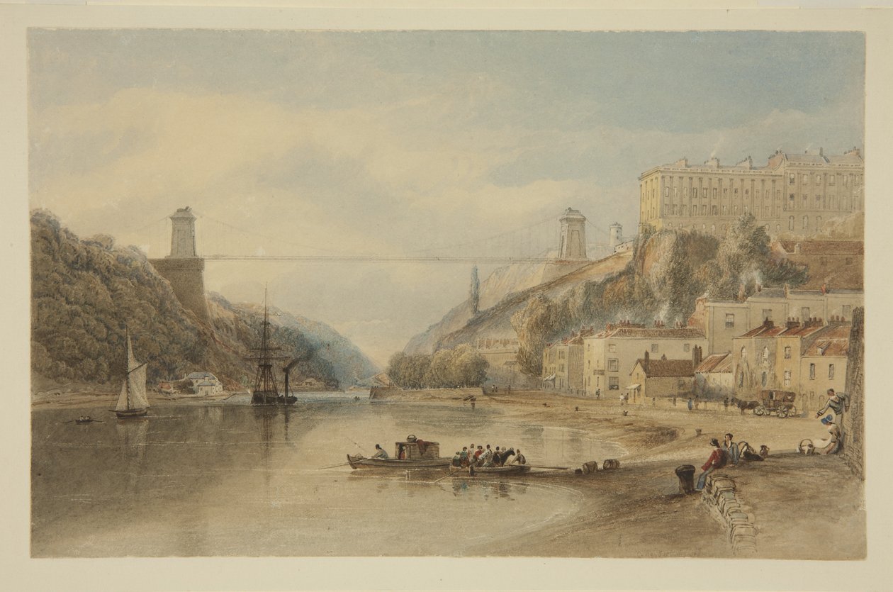 View on the Avon at Hotwells: The Proposed Suspension Bridge, ca. 1836 (blyant og akvarel på papir) af Samuel Jackson