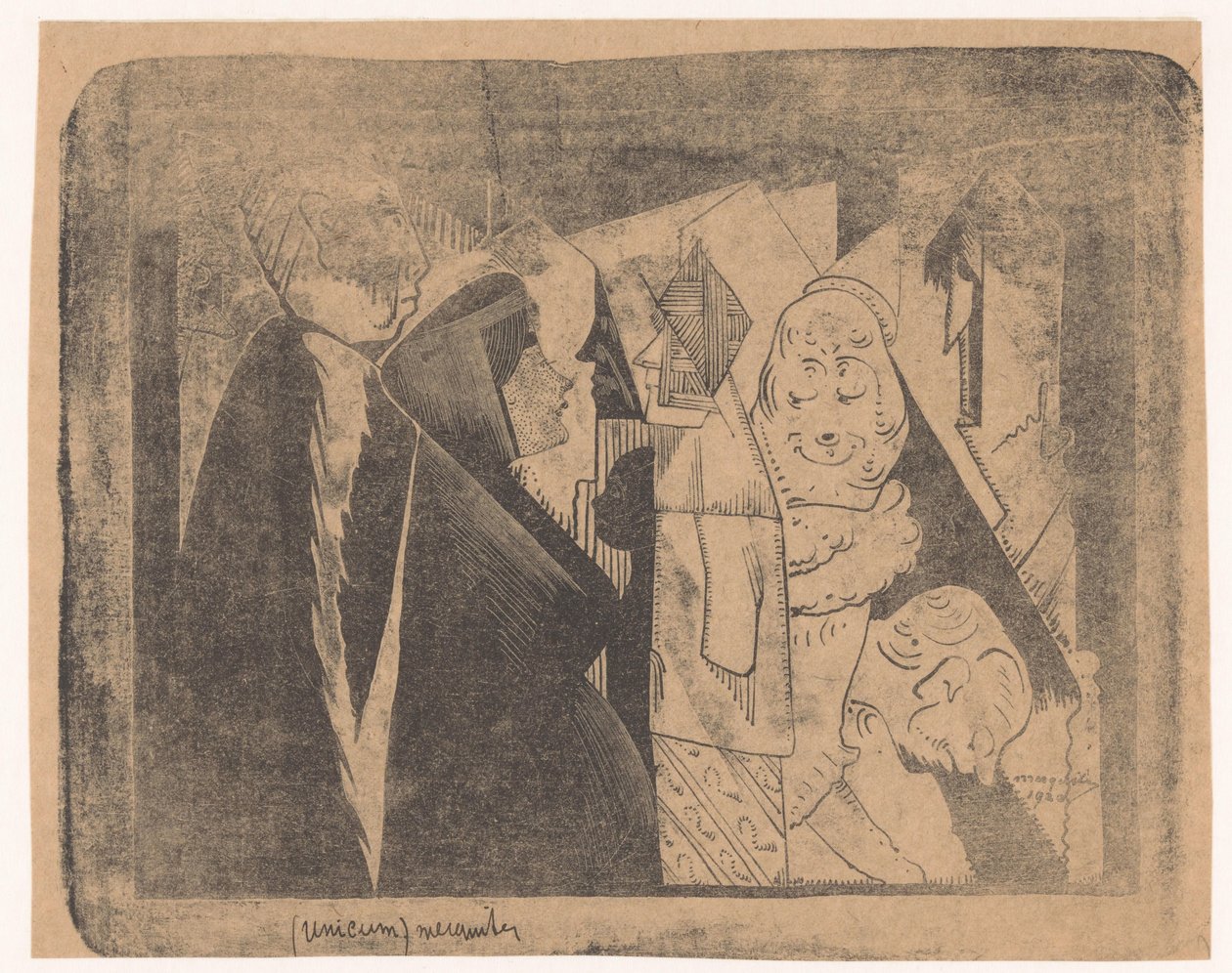 Fantasy: forskellige figurer, den anden fra venstre en kvinde med et spættet ansigt i profil til højre af Samuel Jessurun de Mesquita (signed by artist)