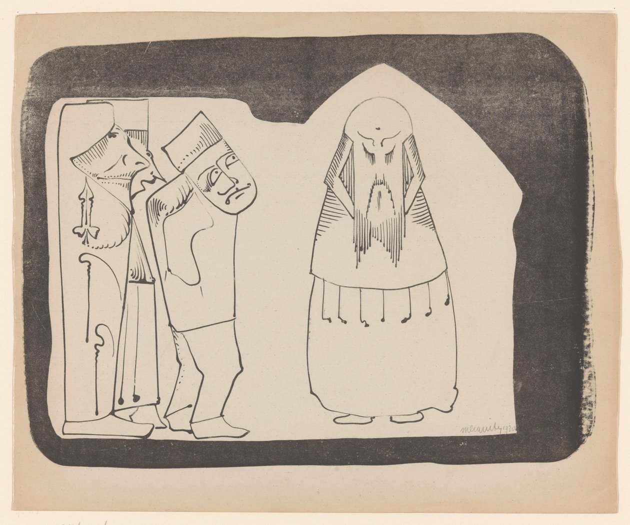 Fantasy: venstre tre figurer til højre, højre en frontal kinesisk-lignende figur af Samuel Jessurun de Mesquita (signed by artist)