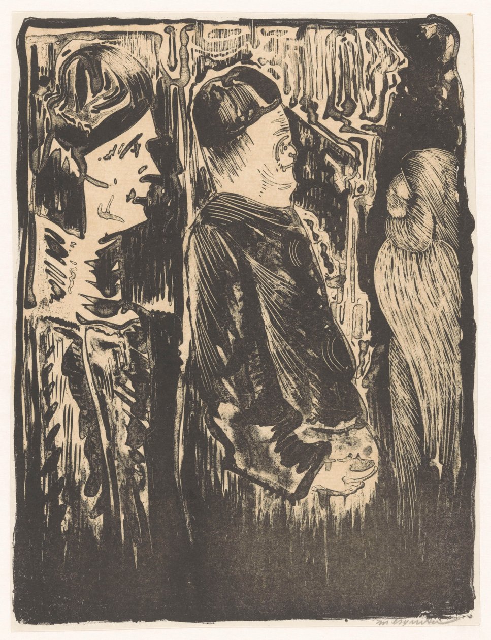 Fantasy: til venstre to figurer med hatte til højre, til højre et ridset udseende med fjerdragt af Samuel Jessurun de Mesquita (signed by artist)