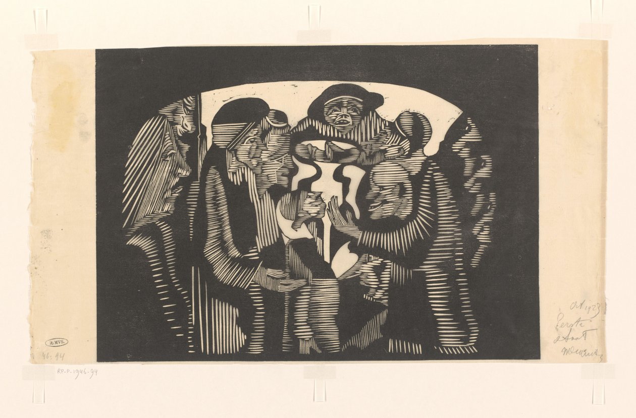 Gruppe af figurer i en bue Visionær fantasi: gruppe af figurer, indkapslet i en bueform, øverst i midten en frontal mand med en hat af Samuel Jessurun de Mesquita (signed by artist)