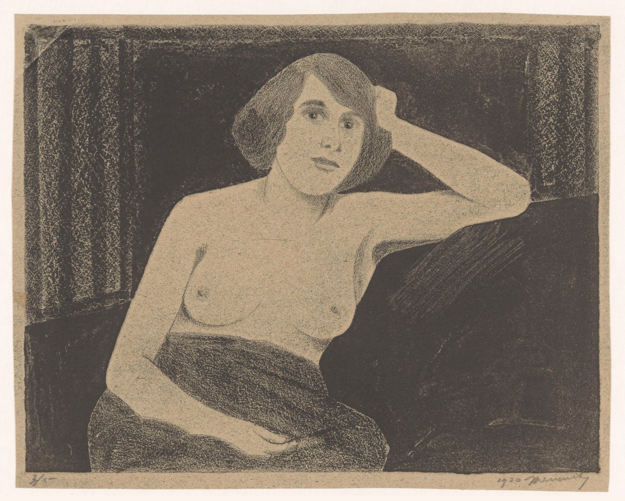 Kvinde nøgen, siddende på en sofa, hånd mod hoved af Samuel Jessurun de Mesquita (signed by artist)