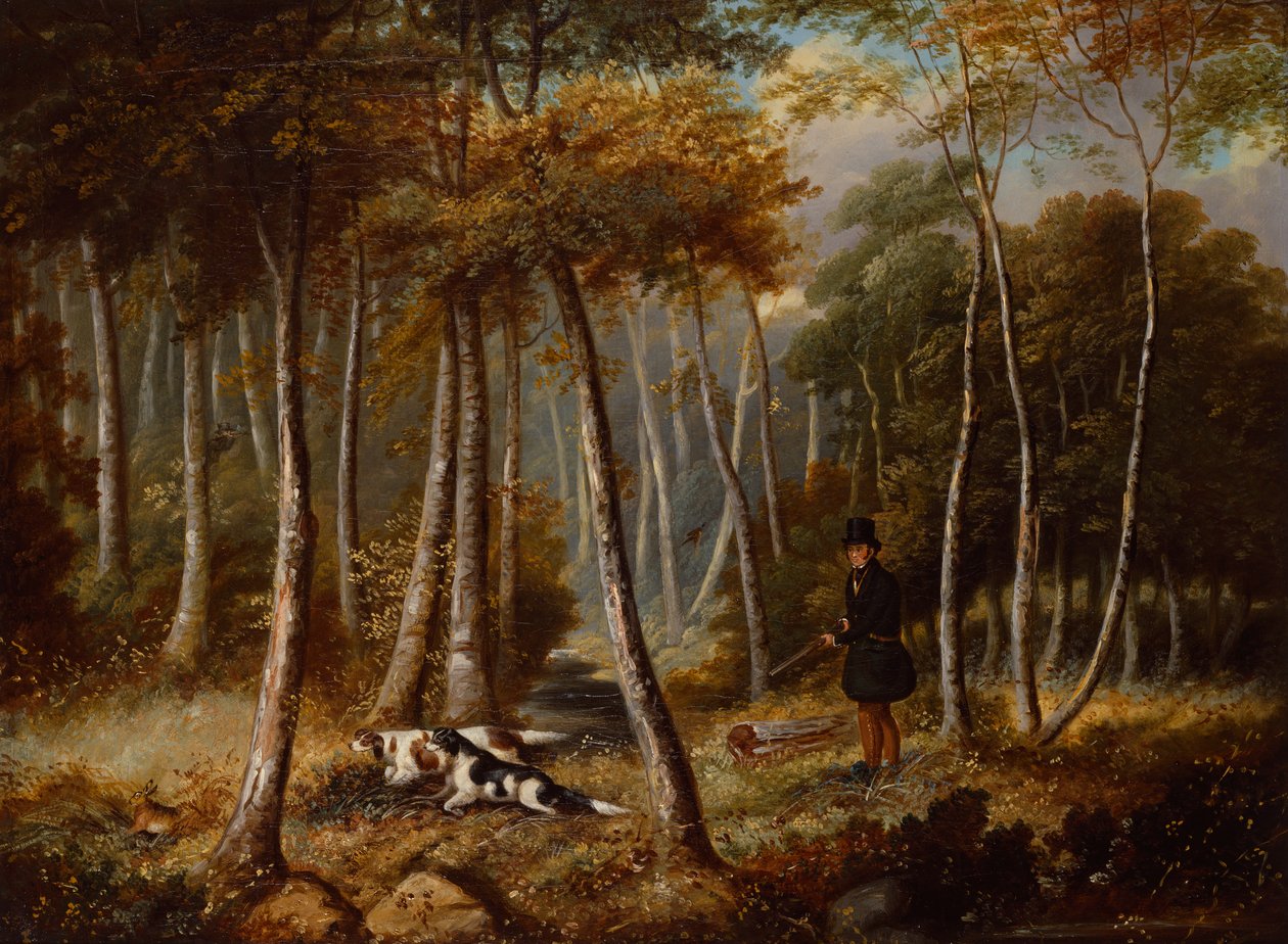 Jagtscene, bosættere, der skyller en hare ud (olie på lærred) af Samuel John Egbert Jones