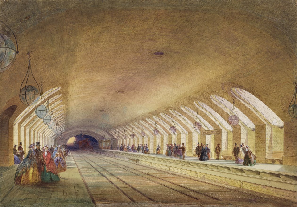 Baker Street Station, 1863 (wc und bodycolour med pen og blæk på papir) af Samuel John Hodson