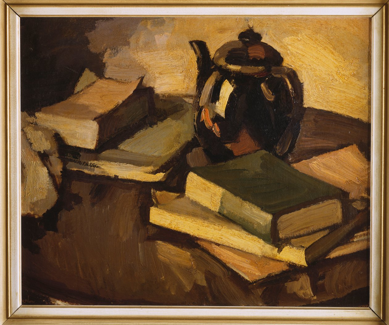 Et stilleben med en tekande og bøger på et bord, ca. 1926 af Samuel John Peploe