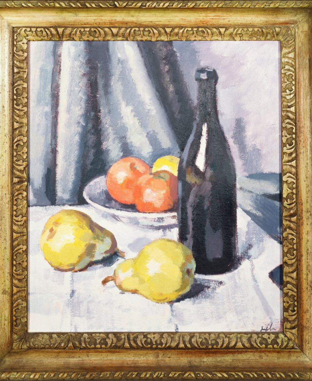 Æbler, pærer og en sort flaske på et draperet bord, ca. 1928 af Samuel John Peploe