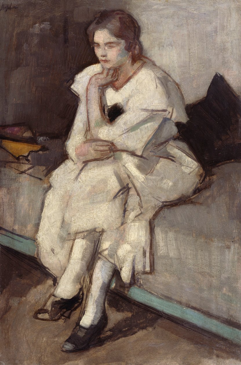 Pige i hvid kjole (olie på lærred) af Samuel John Peploe