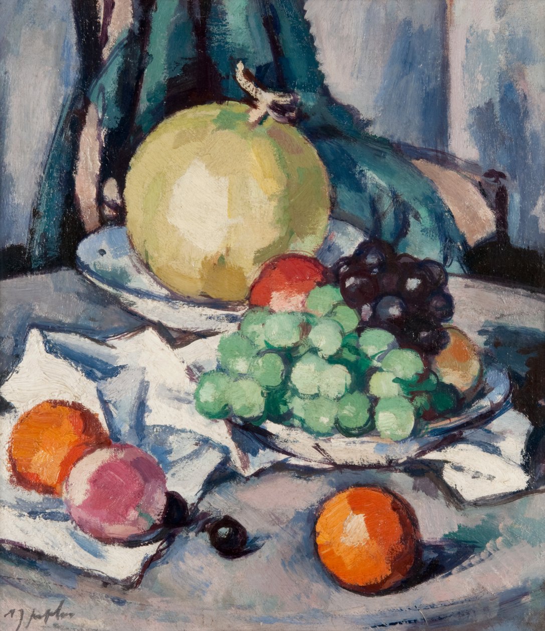 Blandet frugt - melon, druer og æbler, ca. 1926 (olie på lærred) af Samuel John Peploe