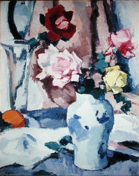 Roser i en blå og hvid vase (olie på lærred) af Samuel John Peploe