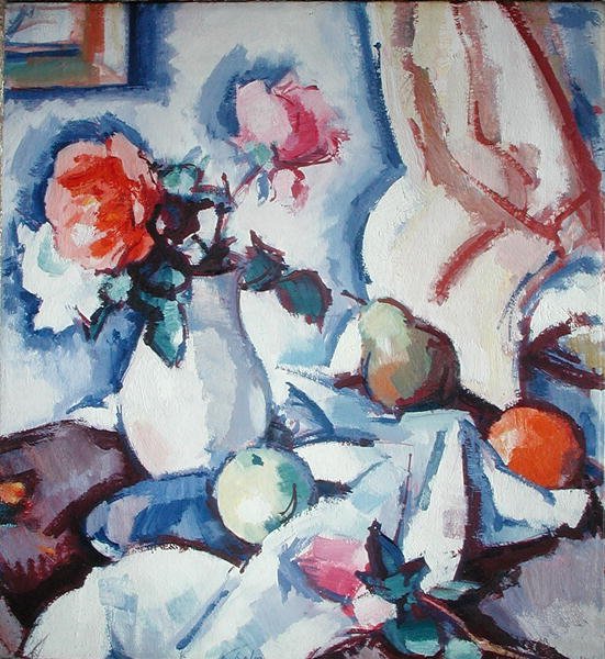 Roser i en hvid vase (olie på lærred) af Samuel John Peploe