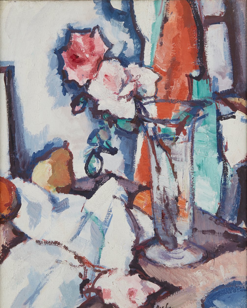 Stilleben af roser og pære (olie på lærred) af Samuel John Peploe