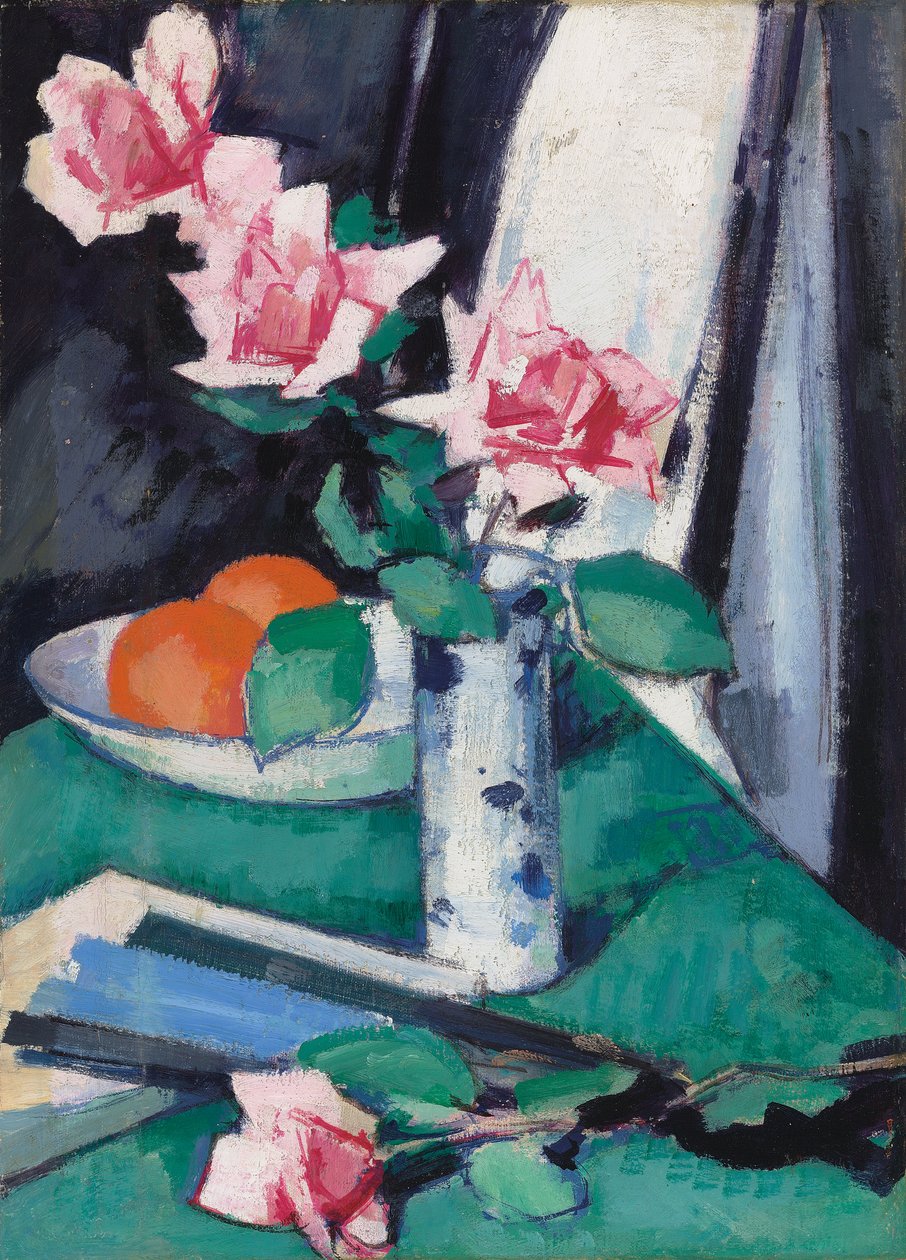 Stilleben med lyserøde roser og appelsiner i en blå og hvid vase, af Samuel John Peploe