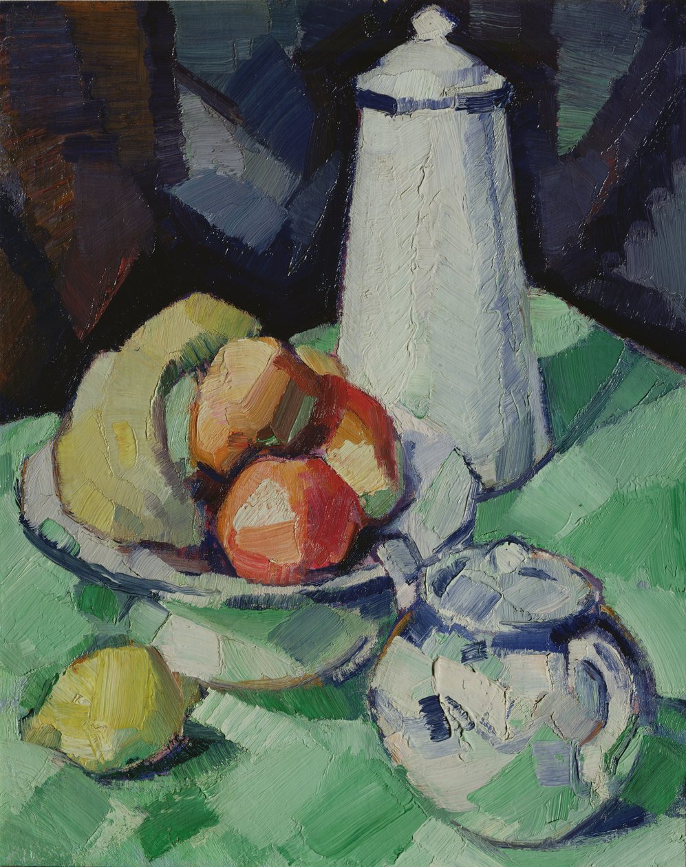 Stilleben med tekande og frugt på en grøn dug, ca. 1913 af Samuel John Peploe