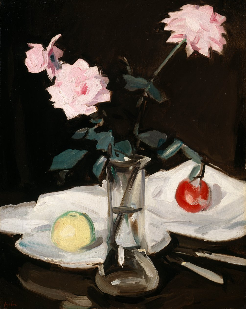 Stilleben, lyserøde roser (olie på lærred) af Samuel John Peploe
