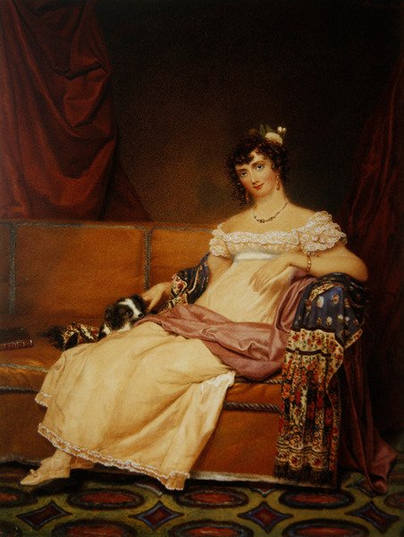 Lady Waterhouse sidder på en sofa med sin spaniel (akvarel på papir) af Samuel John Stump