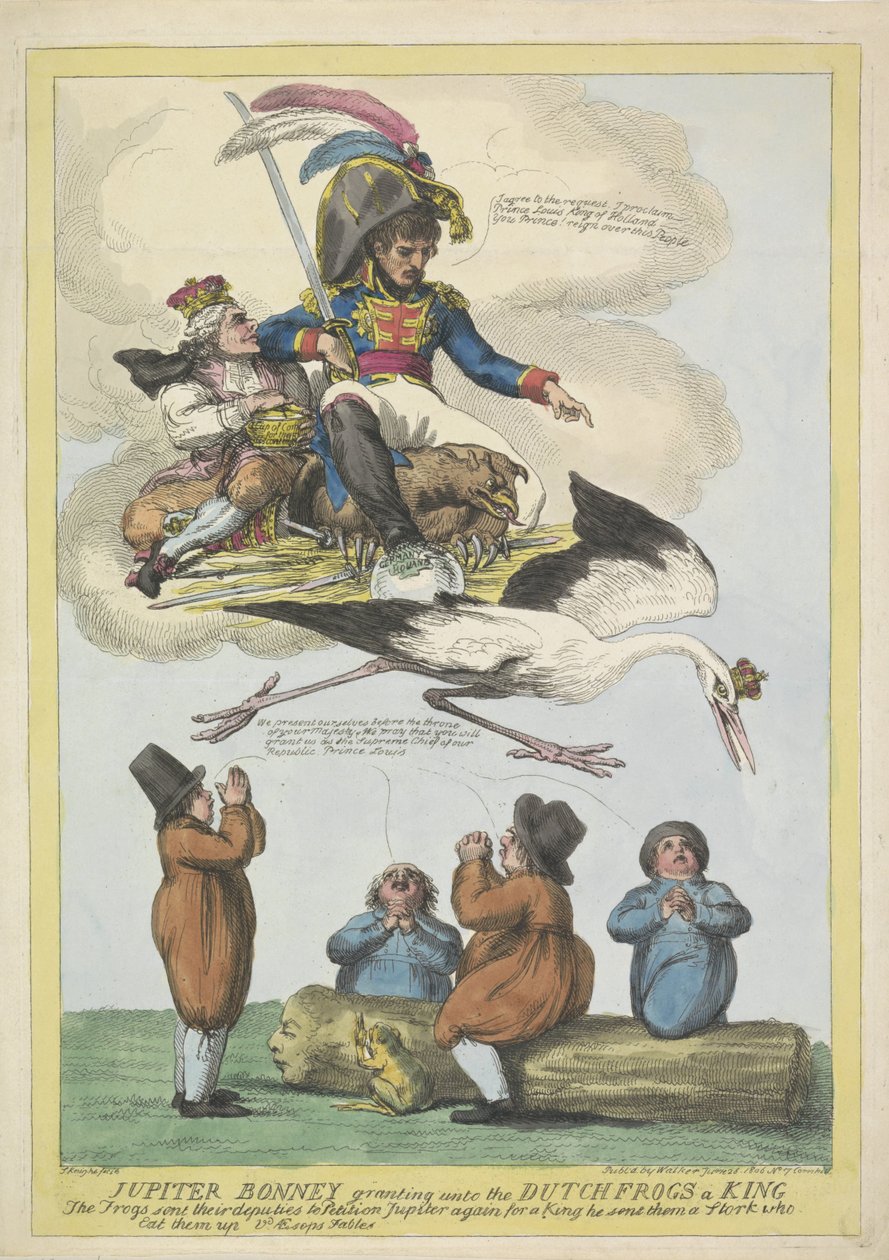 Napoleon sender Louis Napoleon som konge i form af en stork til Holland, 1806 Jupiter Bonney giver de hollandske frøer en konge (titel på objekt) af Samuel Knight