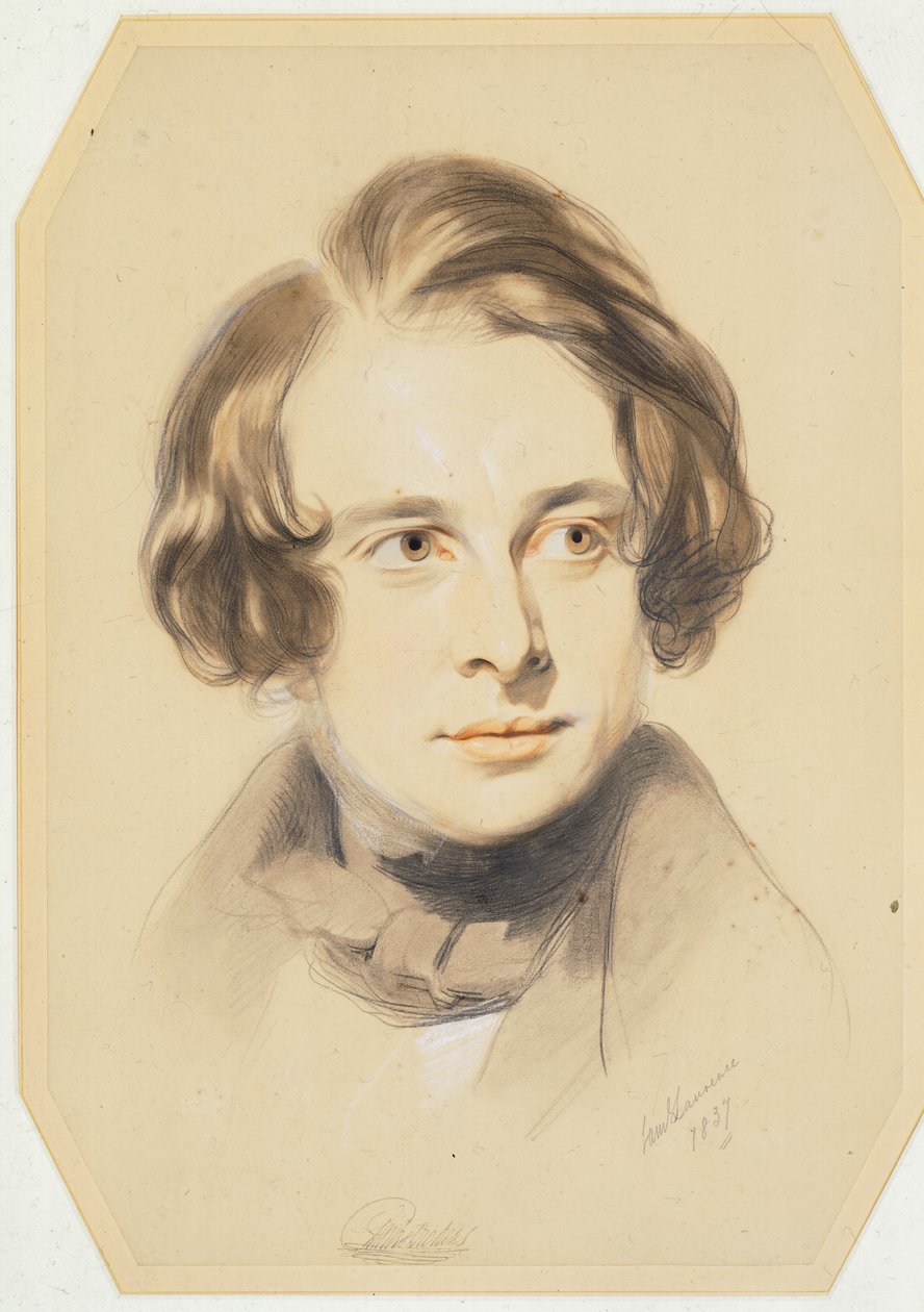 Tidligt portræt af Charles Dickens, 1837 (kridt, farveblyant og blyant på papir) af Samuel Laurence