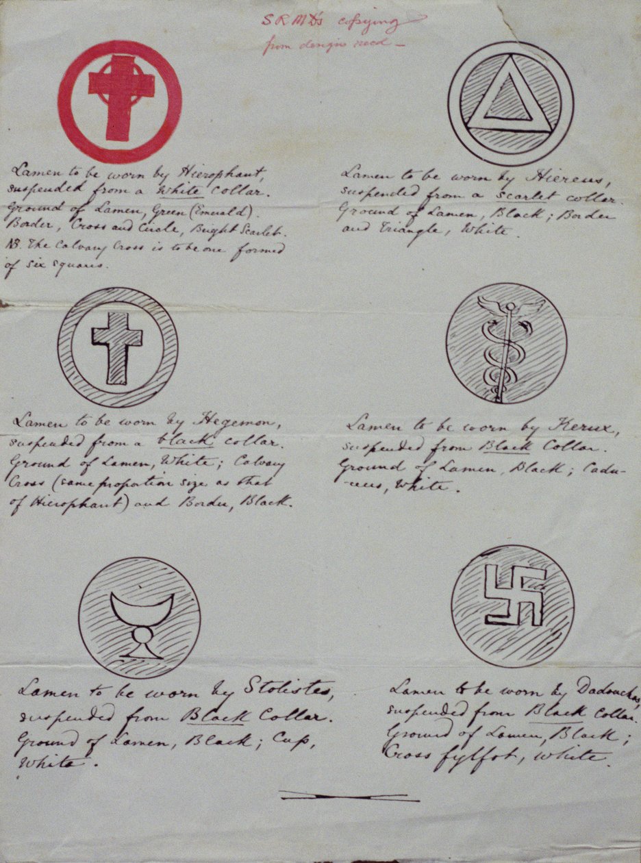 Design til lamens (kravejuveler) til de forskellige officerer i et Golden Dawn Temple, 1888 (blæk på papir) af Samuel Liddell MacGregor Mathers