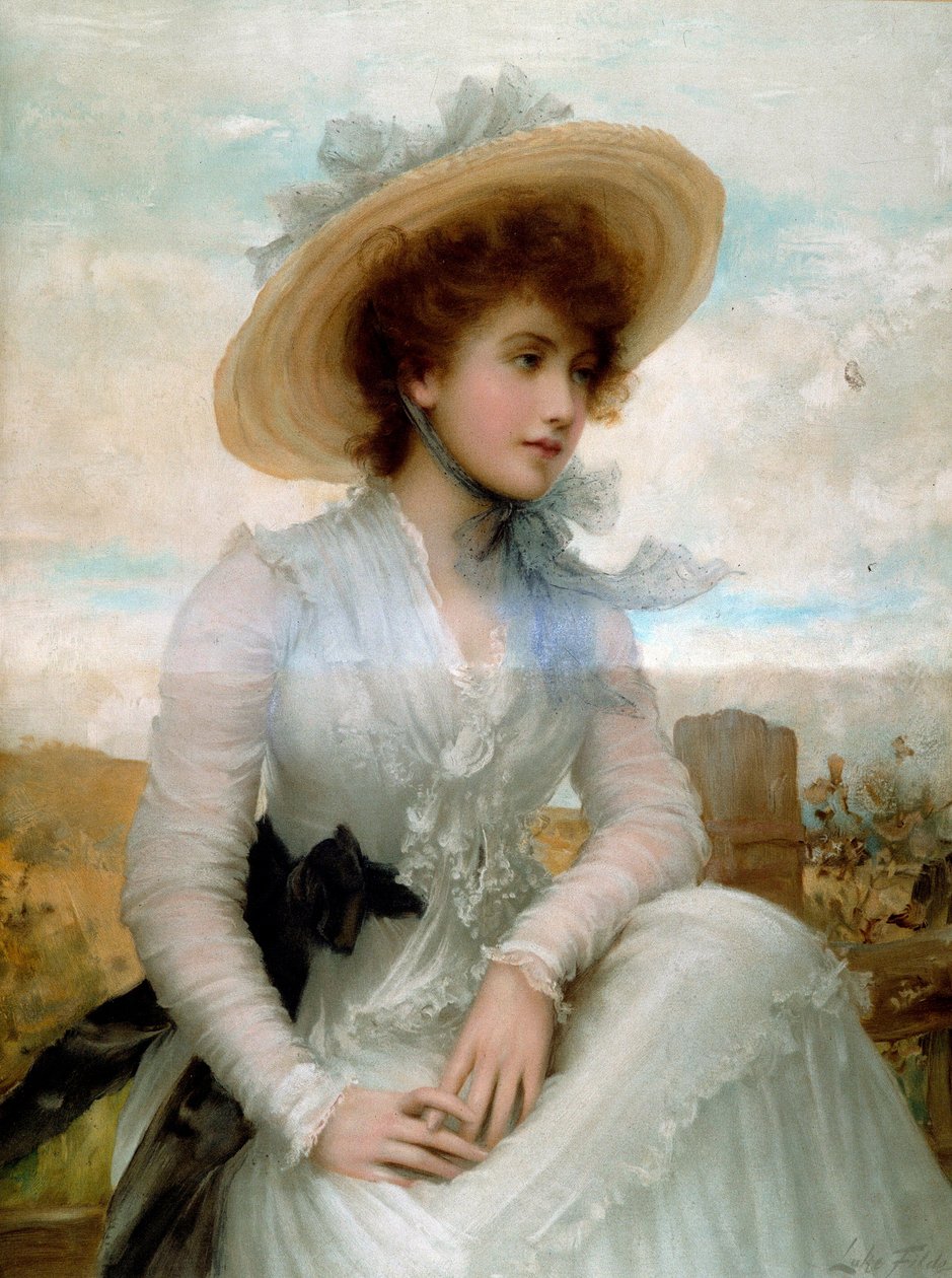 Portræt af en ung kvinde med en stråhat Tryk af Samuel Luke Fildes (1843-1927) Paris fra det 19. århundrede, dekorativ kunst af Samuel Luke Fildes