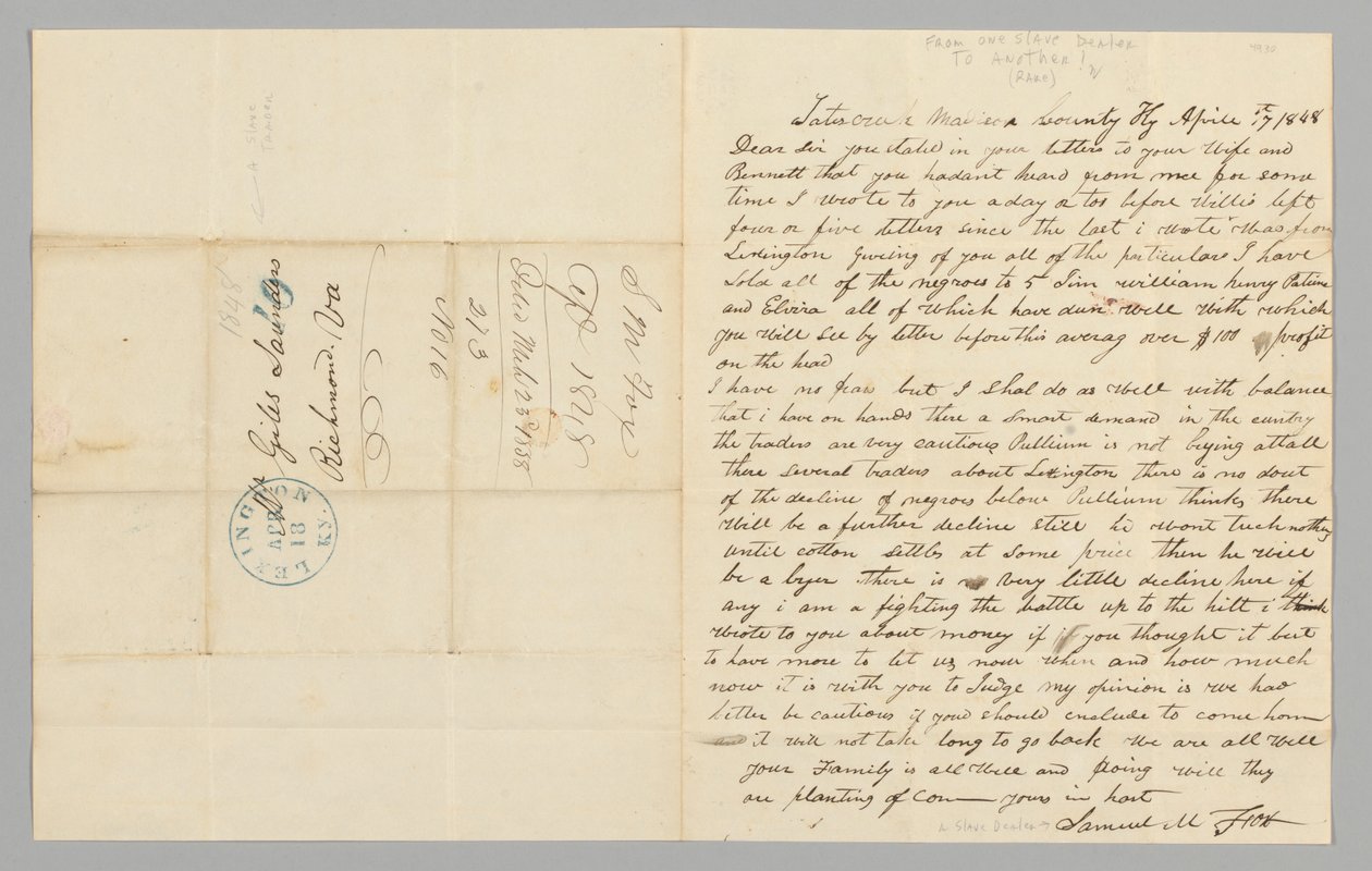 Brev til Giles Saunders fra Samuel M. Fox angående slavehandel, 17. april 1848. af Samuel M. Fox