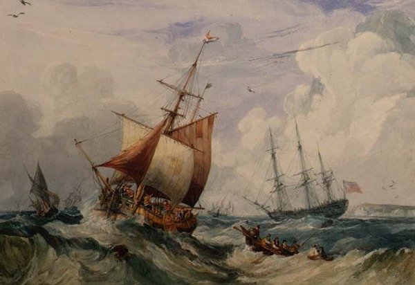 En fransk fisker i en dønning ud for Dover (akvarel) af Samuel Owen