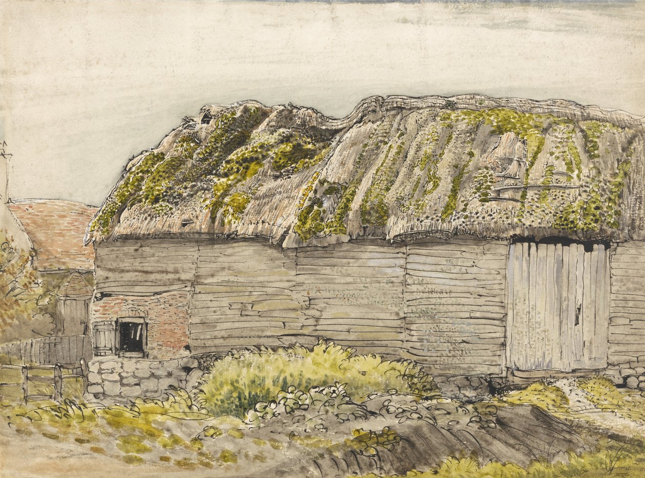 En lade med moset tag, Shoreham (akvarel med brun vask, blæk, gouache og blyant på papir) af Samuel Palmer