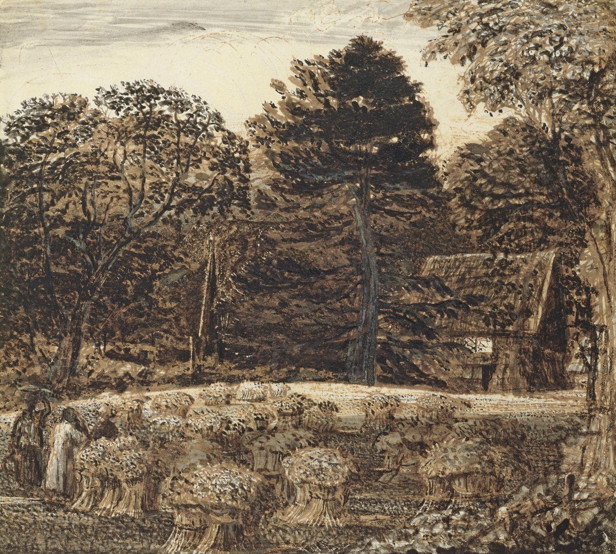 A Cornfield, Shoreham at Twilight (pen og blæk og vask på hvidt kort) af Samuel Palmer
