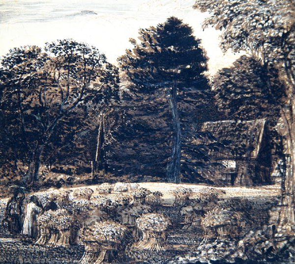 A Cornfield, Shoreham, at Twilight, ca. 1830 (pen, vask og indisk blæk på kort) af Samuel Palmer