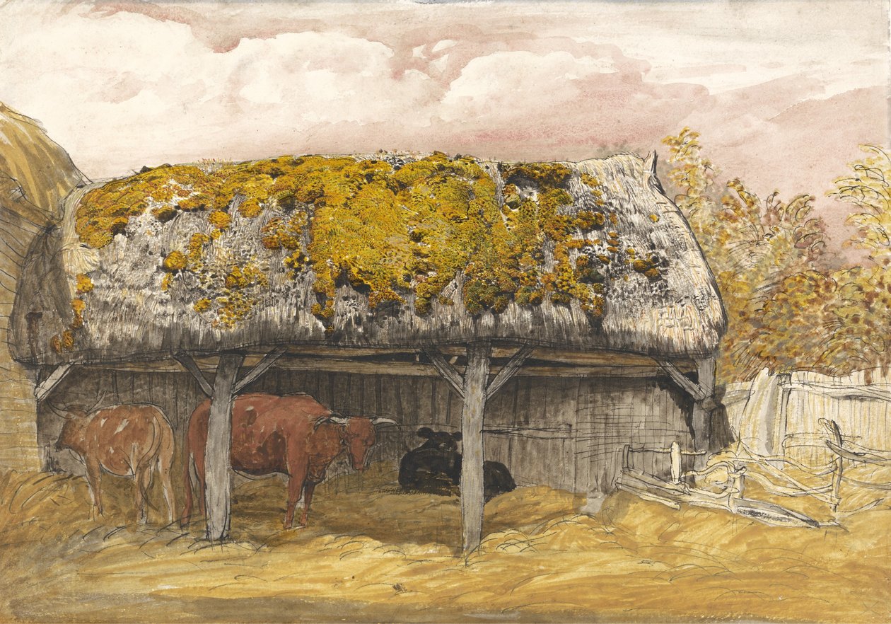 A Cow Lodge with a Mossy Roof, ca. 1829 (pen & blæk med akvarel og gouache på papir) af Samuel Palmer