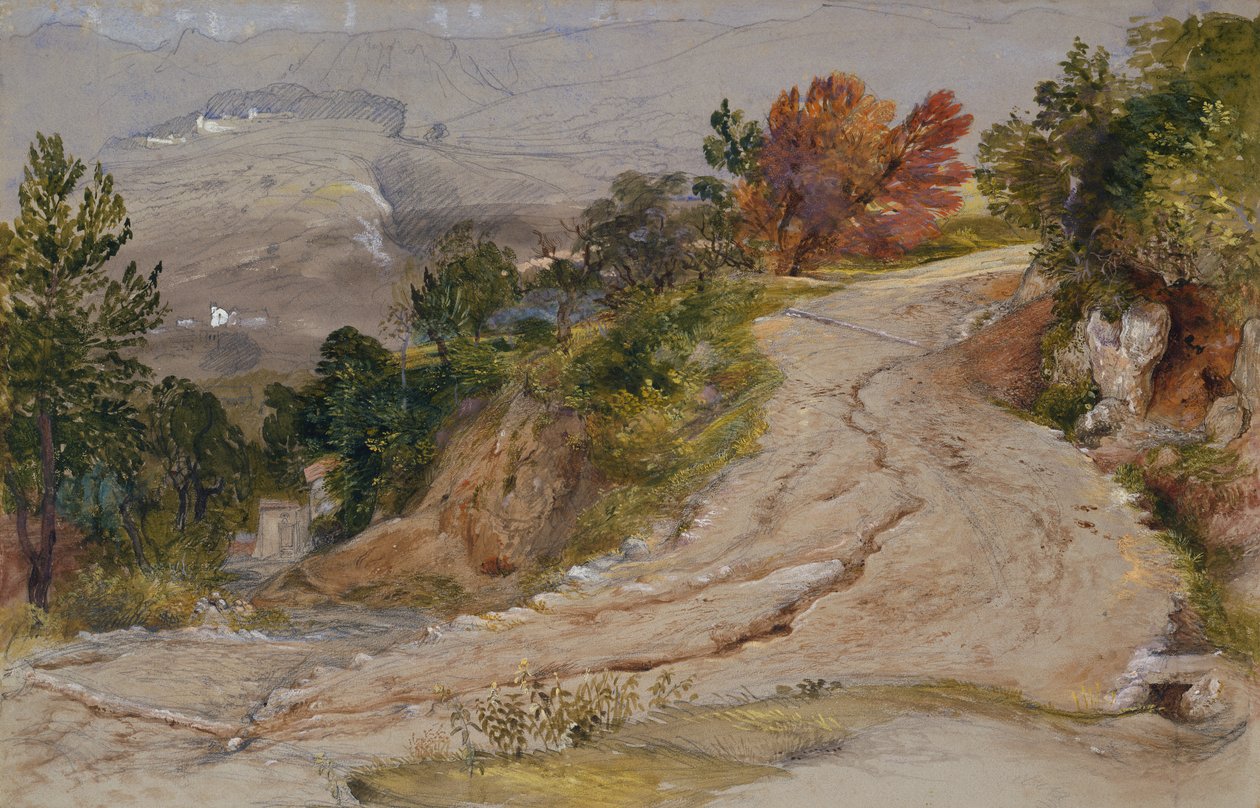 En bjergvej i Italien (blyant, akvarel og kropsfarve) af Samuel Palmer