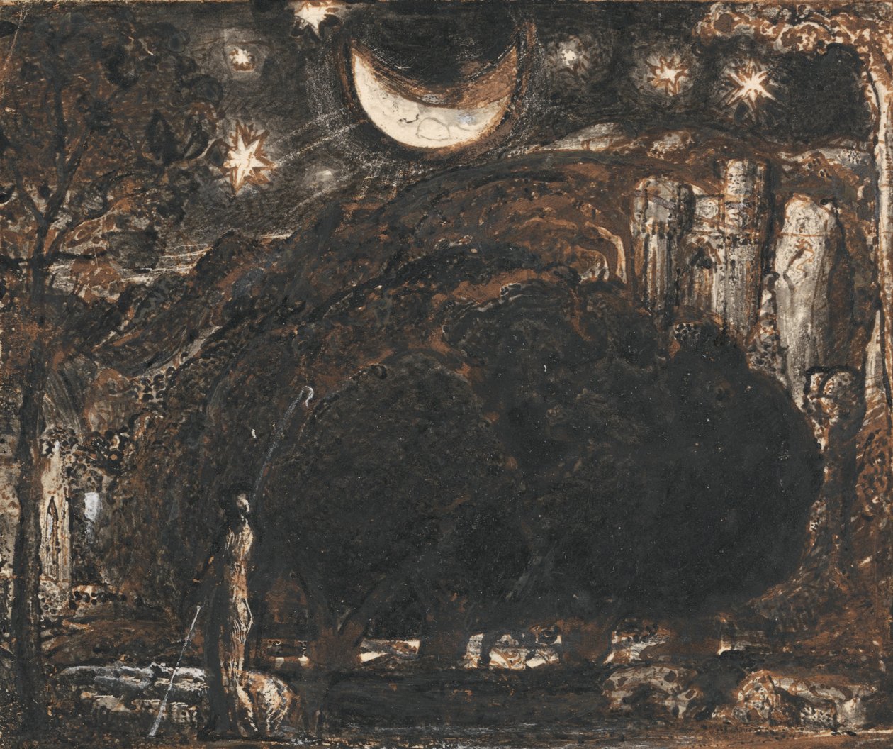 En hyrde og hans flok under månen og stjerner af Samuel Palmer