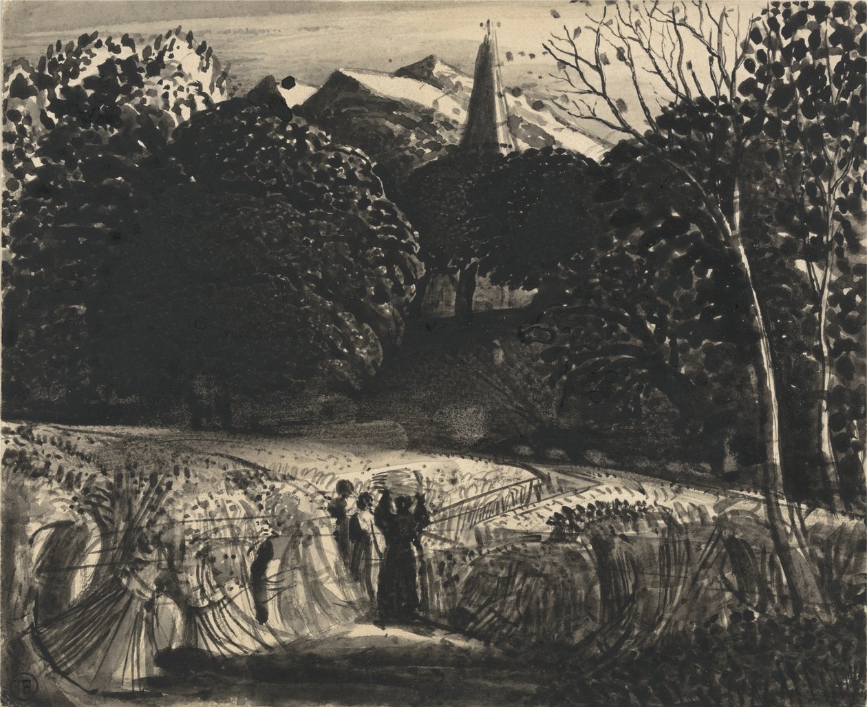 Cornfield and Church by Moonlight (pensel og sort blæk på papir) af Samuel Palmer