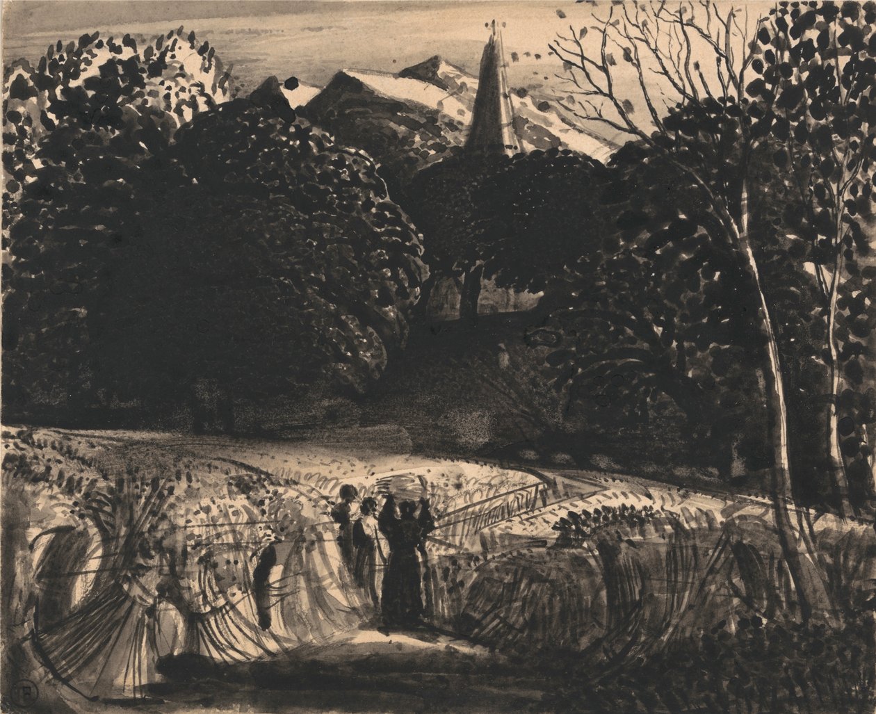 Kornmark og kirke ved måneskin af Samuel Palmer
