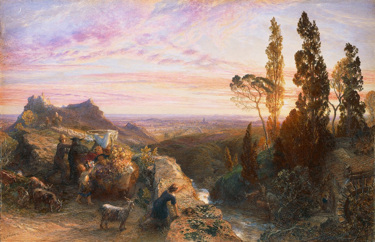 Dream in Appennines, ca. 1864, af Samuel Palmer (1805-1881), akvarel og gouache på papir overført til træ af Samuel Palmer