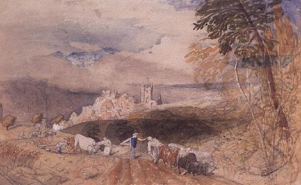 Bakket landskab med bønder, der pløjer (akvarel) af Samuel Palmer