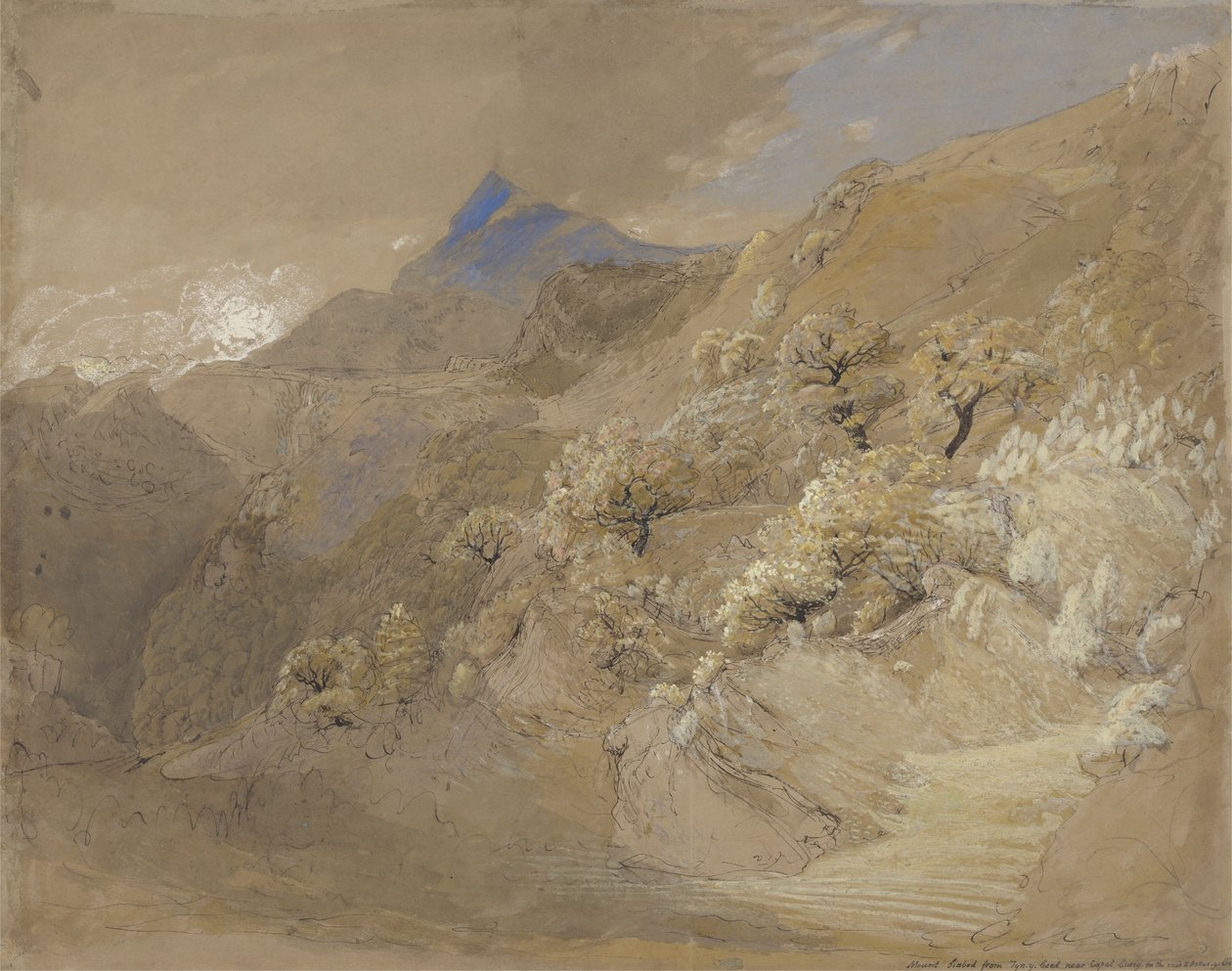 Mount Siabod fra Tyn-y-Coed nær Capel Curig (pen & blæk, kropsfarve og akvarel på papir) af Samuel Palmer