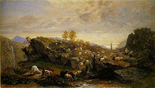 Rustik med får og geder i et klippelandskab (akvarel over blyant forhøjet med gummi arabicum på papir) af Samuel Palmer
