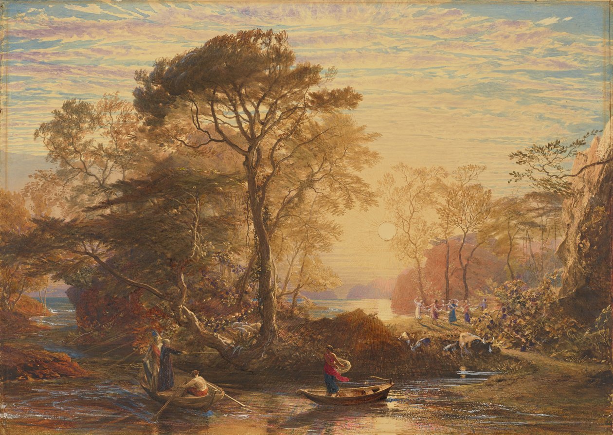 Sir Guyon med Palmer som ledsager, fristet af Phaedria til at lande på de fortryllede øer af Samuel Palmer