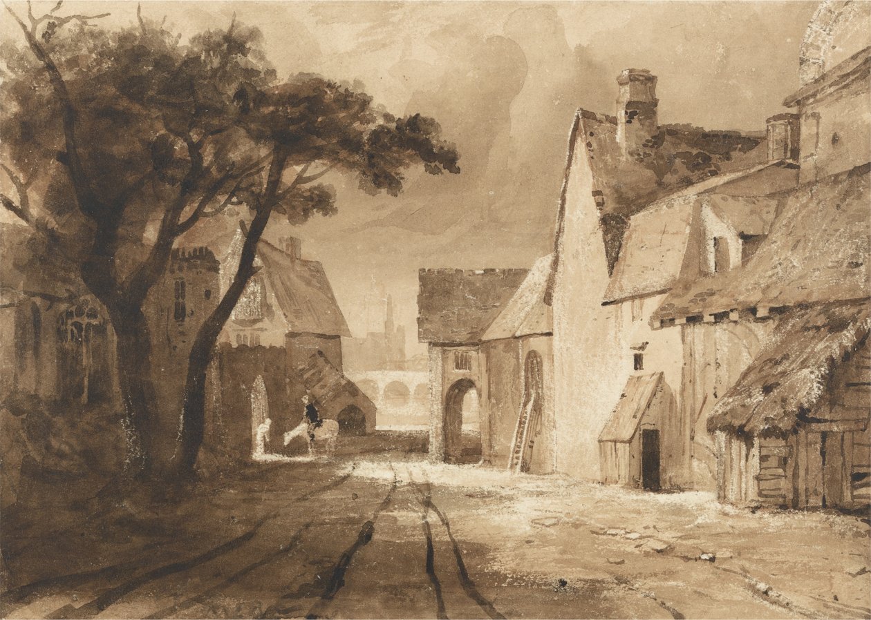 Undersøgelse af gamle bygninger (brun blæk & vask over grafit på papir) af Samuel Palmer