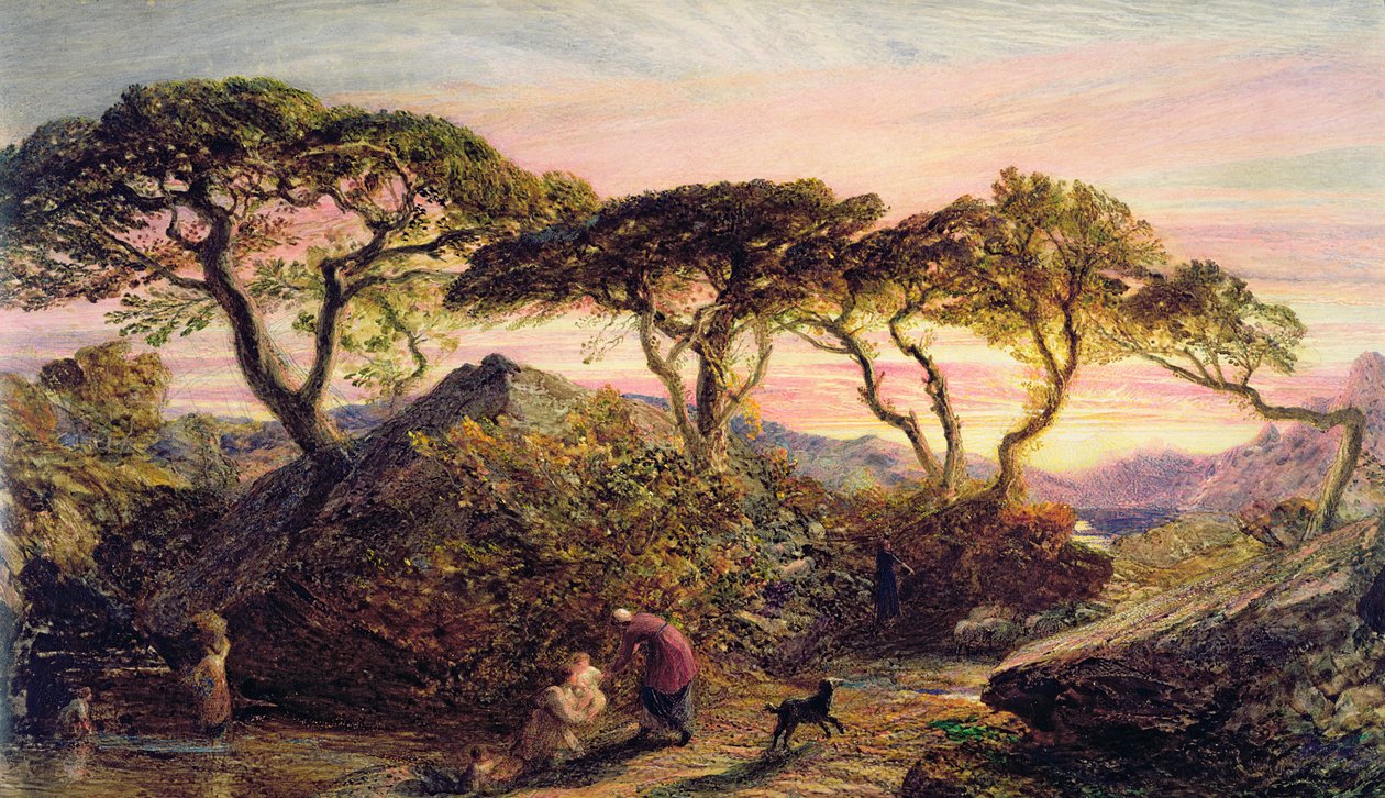 Solnedgang (akvarel og gouache på papir) af Samuel Palmer