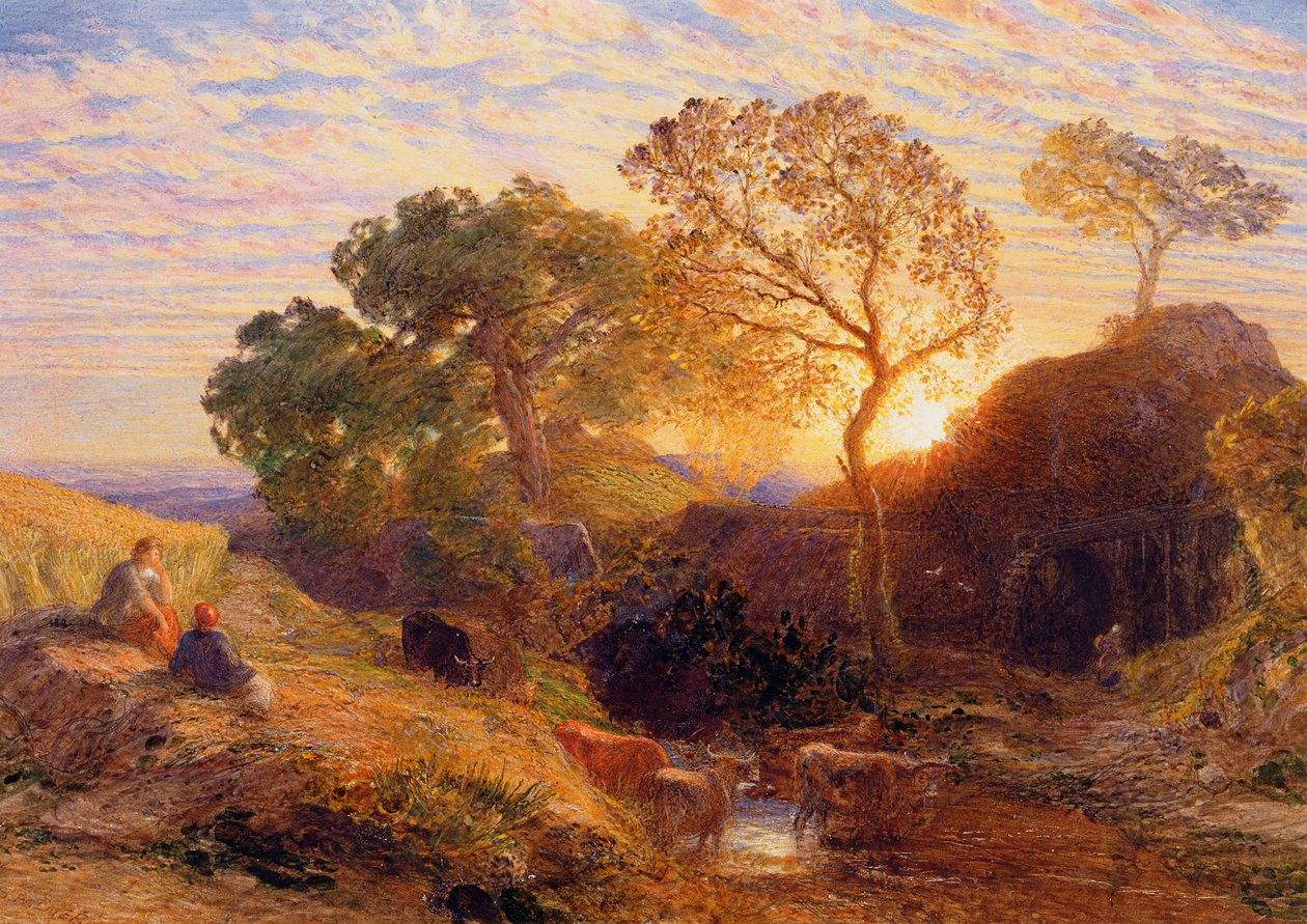 Solnedgang, ca. 1861 (w/c, grafit, b/c og tyggegummi på kort) af Samuel Palmer