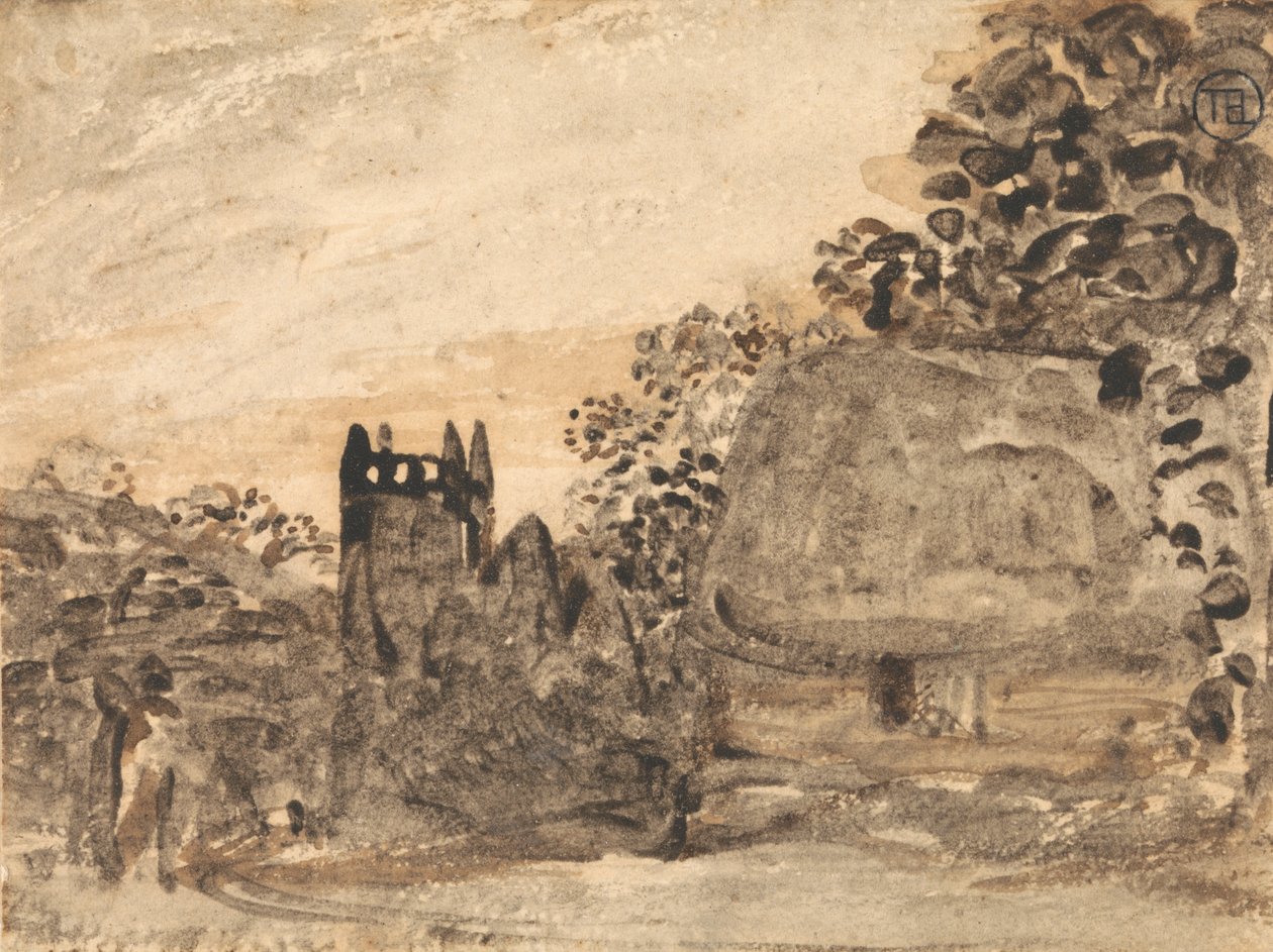 Stråtækt sommerhus og kirke af Samuel Palmer